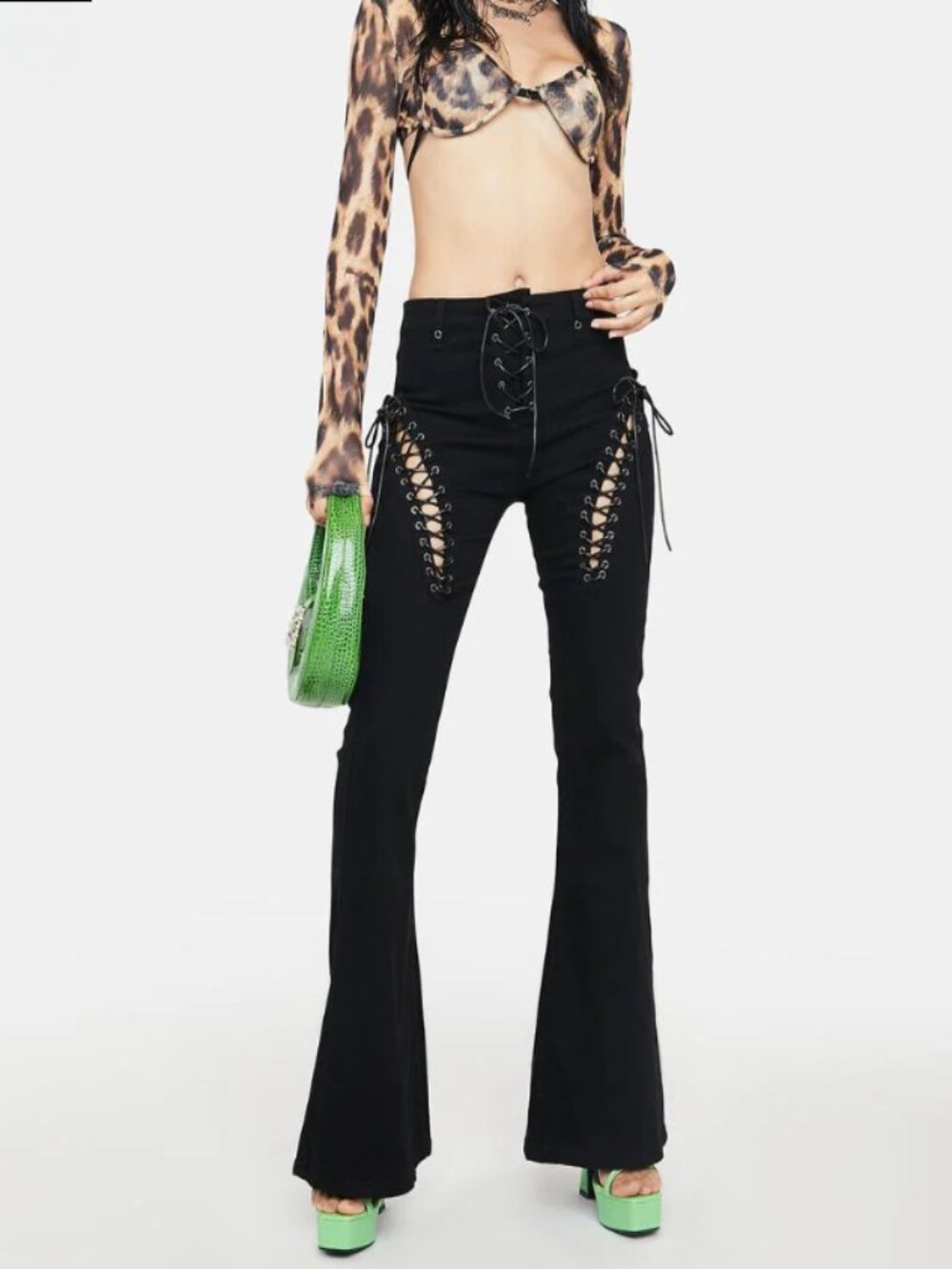 Edikted Black Lace-Up Boot Cut Pants from Dollskill
